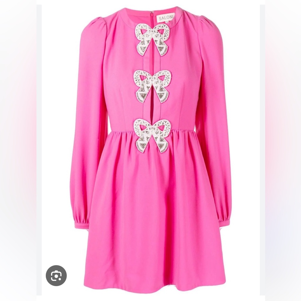 Saloni Pink Pearl Bow Cutout Minidress, Long Sleeved